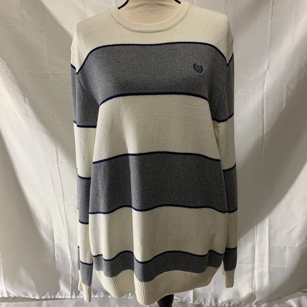 Chaps The Original Crewneck Men L
Sweater Pullover Gray Cream Stripe 100% Cotton